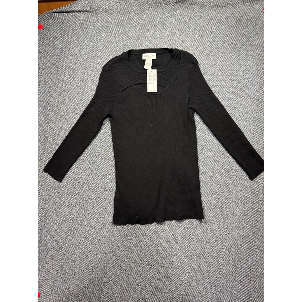 NEW Carmen Marc Valvo Womens Black Ribbed Cutout Neck Knit Top NWT Medium
